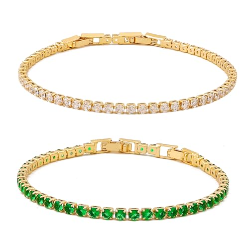 Zoomers Tennisarmband Set. Tennisarmband Gold mit Zirkonia. Tennis Bracelet Verstellbarer Länge 17-19CM. 2PC Armbänder Set.Tennis Armband Damen Smaragdgrün von Zoomers