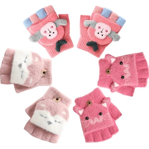 Zoonvii 3 Paar Kinder Halbfinger Handschuhe,Fingerlose Handschuhe Kinder,Fäustlinge mit Knopf Klappe,Halbfinger Fingerlos Strickhandschuhe,Handschuhe Kinder 2-8 jahre, Kinder Handschuhe Winter von Zoonvii