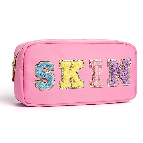 Kosmetiktasche Glam Stuff Gesichtshaut Tasche, Nylon Preppy Patch Make-up Tasche Kleine Reise Make-up Tasche Reißverschluss Tasche Geldbörse mit Griff, Haut-Pink von Zoosa