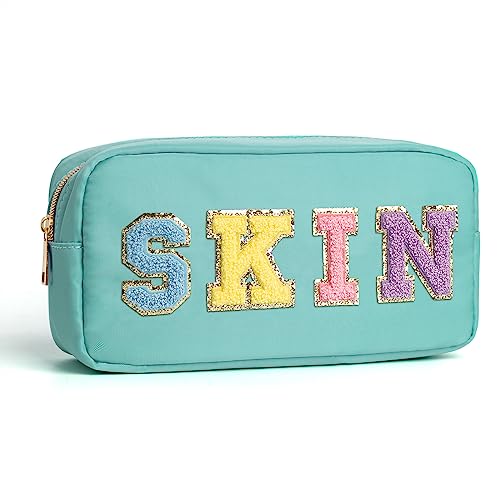 Kosmetiktasche Glam Stuff Gesichtshaut Tasche, Nylon Preppy Patch Make-up Tasche Kleine Reise Make-up Tasche Reißverschluss Tasche Geldbörse mit Griff, Haut-Sky Blue von Zoosa