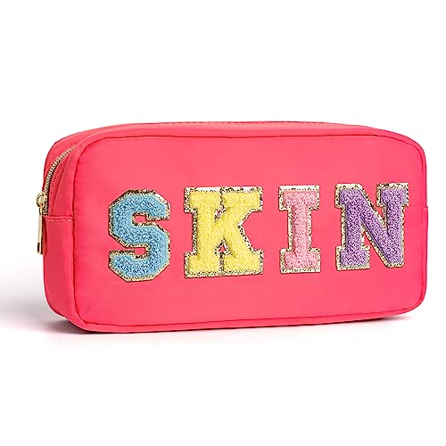 Glitzernde Chenille-Kosmetik-Clutch, Nylon, adretter Patch, Make-up-Tasche, kleine Reise-Make-up-Tasche mit Reißverschluss und Griff, dunkelrosa von Zoosa