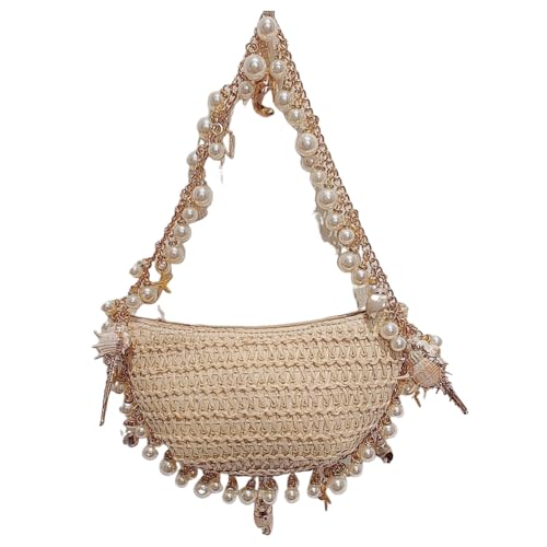 ZoraYorce Frauen Perlenschuhe Handtasche mit Perlenkette Elegante Stroh Umhängetasche Atmungsaktiv von ZoraYorce