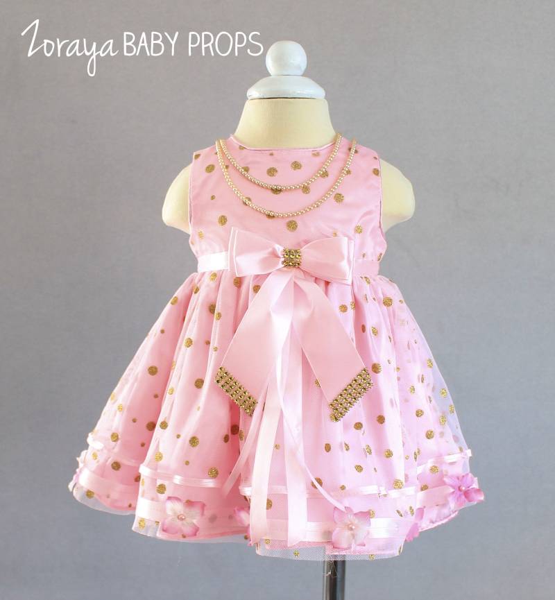 Rosa Baby Kleid Gold Tupfen Tüll, Satin Schleife, Besondere Anlasse von ZorayaBabyProps