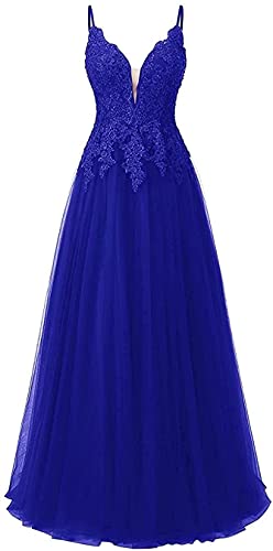 Vantexi Damen Spaghetti-Trägern Tüll Formelles Abendkleid Spitze Applique Sweet 16 Party Ballkleider Blau Größe 44 von Zorayi