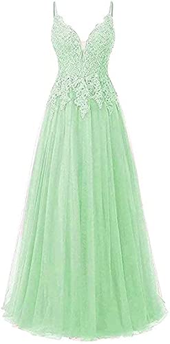 Vantexi Damen Spaghetti-Trägern Tüll Formelles Abendkleid Spitze Applique Sweet 16 Party Ballkleider Minze Größe 54 von Zorayi