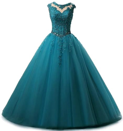 Zorayi Damen A Line Off Shoulder Abendkleider Empire Taille Quinceanera Ballkleid Formelle Spitze Satin Ballkleider Pfauengrün Größe 42 von Zorayi