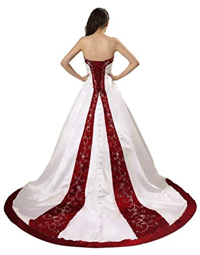 Zorayi Damen A-Linie Schlicht Satin Stickerei Brautkleid Hochzeitskleider Elfenbein & Burgund Größe 40 von Zorayi