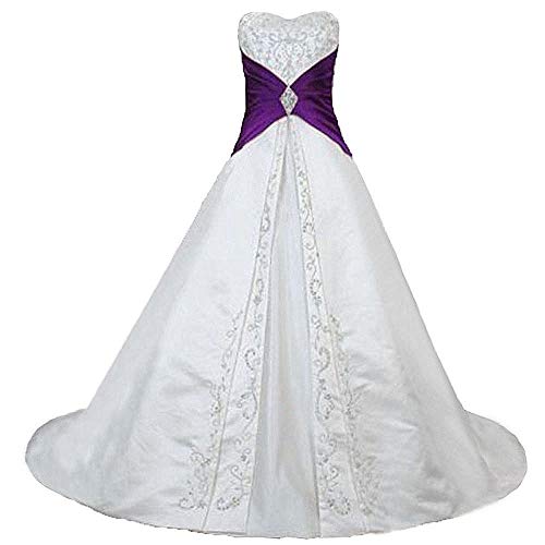 Zorayi Damen Elegante A-Linie Schnürung Stickerei Satin Brautkleid Hochzeitskleider Elfenbein & Lila Größe 46 von Zorayi