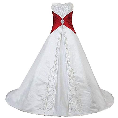 Zorayi Damen Elegante A-Linie Schnürung Stickerei Satin Brautkleid Hochzeitskleider Elfenbein & Rot Größe 54 von Zorayi