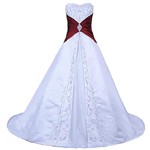 Zorayi Damen Elegante A-Linie Schnürung Stickerei Satin Brautkleid Hochzeitskleider Weiß & Burgund Größe 42 von Zorayi