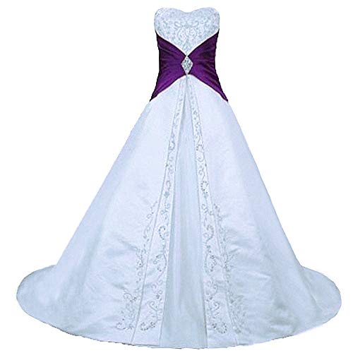 Zorayi Damen Elegante A-Linie Schnürung Stickerei Satin Brautkleid Hochzeitskleider Weiß & Lila Größe 40 von Zorayi