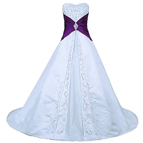 Zorayi Damen Elegante A-Linie Schnürung Stickerei Satin Brautkleid Hochzeitskleider Weiß & Lila Größe 42 von Zorayi