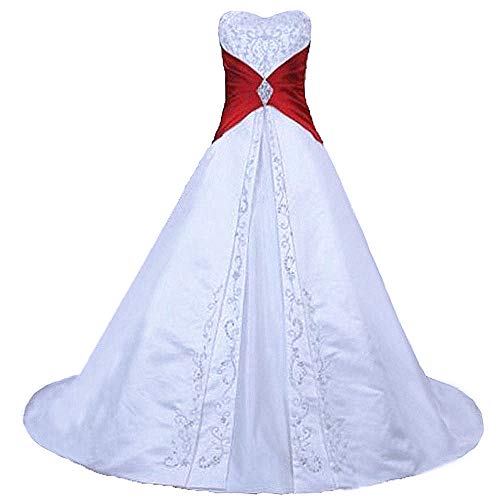 Zorayi Damen Elegante A-Linie Schnürung Stickerei Satin Brautkleid Hochzeitskleider Weiß & Rot Größe 52 von Zorayi