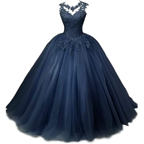 Zorayi Damen Elegante Spitze Tüll Abendkleid Abschlussballkleider Lange Ballkleid Brautkleider Quinceanera Kleider Marineblau Größe 54 von Zorayi