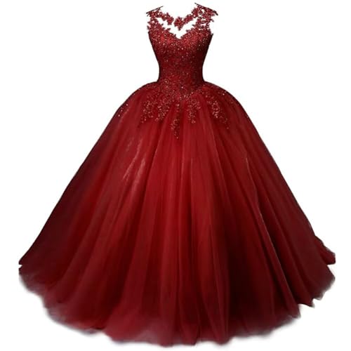 Zorayi Damen Elegante Spitze Tüll Abendkleid Abschlussballkleider Lange Ballkleid Brautkleider Quinceanera Kleider Weinrot Größe 54 von Zorayi