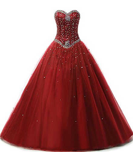 Zorayi Damen Elegante Tüll Lange Kristall Perlen Ballkleid Abschlussballkleid Festkleider Burgund Größe 46 von Zorayi