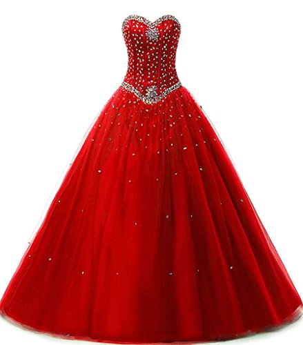 Zorayi Damen Elegante Tüll Lange Kristall Perlen Ballkleid Abschlussballkleid Festkleider Rot Größe 50 von Zorayi