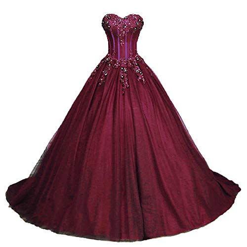 Zorayi Damen Glitzer Trägerlos Tüll Spitze Prinzessin Abschlussballkleider Ballkleid Hochzeitskleider Burgund Größe 36 von Zorayi