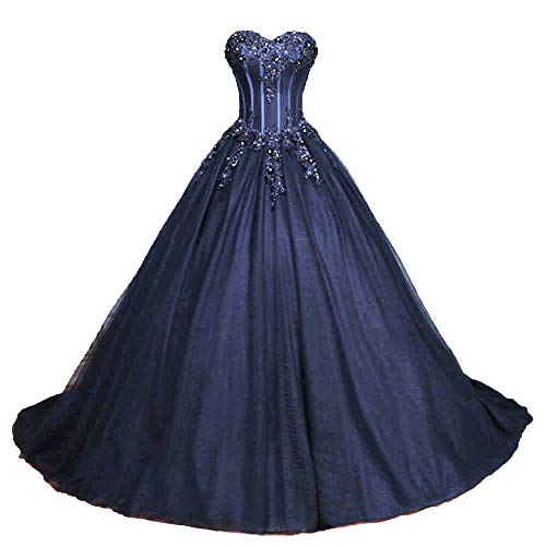 Zorayi Damen Glitzer Trägerlos Tüll Spitze Prinzessin Abschlussballkleider Ballkleid Hochzeitskleider Marineblau Größe 54 von Zorayi