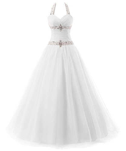 Zorayi Damen Lange Halfter Kristall Tüll A-Linie Abendkleid Prom Ballkleid Partykleider Weiß Größe 48 von Zorayi