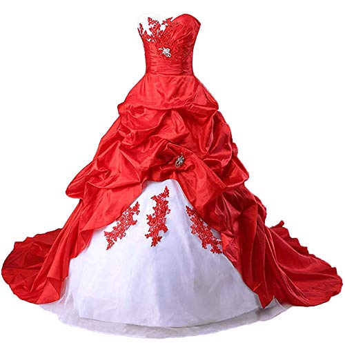 Zorayi Damen Liebsten Stickerei TAFT Kapelle Zug Formellen Ballkleid Brautkleider Hochzeitskleider Weiß & Rot Größe 46 von Zorayi