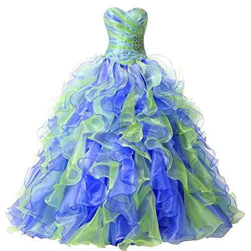 Zorayi Damen Mehrfarbig Rüschen Organza Abendkleid Ballkleid Abschlussballkleider Quinceanera Kleider Blau und Grün Größe 54 von Zorayi