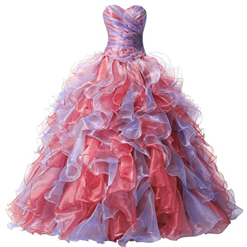 Zorayi Damen Mehrfarbig Rüschen Organza Abendkleid Ballkleid Abschlussballkleider Quinceanera Kleider Koralle und Lavendel Größe 46 von Zorayi