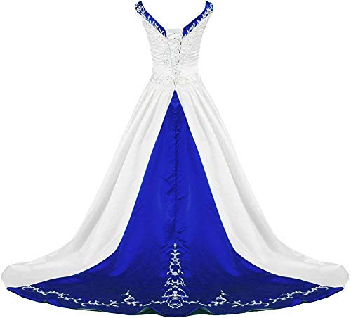 Zorayi Damen V-Ausschnitt Kapelle-Schleppe Perlen Stickerei Satin Hochzeitskleid Brautkleider Elfenbein & Blau Größe 44 von Zorayi