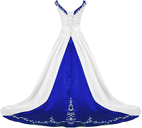 Zorayi Damen V-Ausschnitt Kapelle-Schleppe Perlen Stickerei Satin Hochzeitskleid Brautkleider Elfenbein & Blau Größe 46 von Zorayi