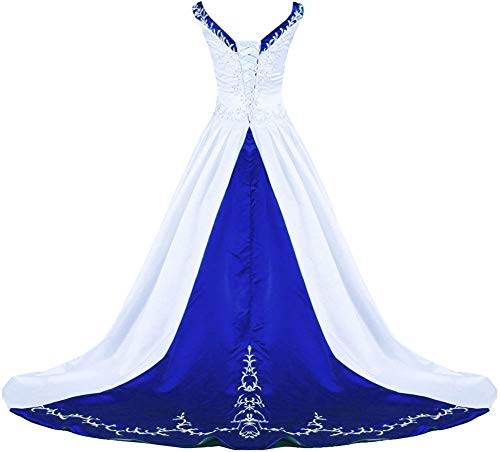 Zorayi Damen V-Ausschnitt Kapelle-Schleppe Perlen Stickerei Satin Hochzeitskleid Brautkleider Weiß & Blau Größe 40 von Zorayi