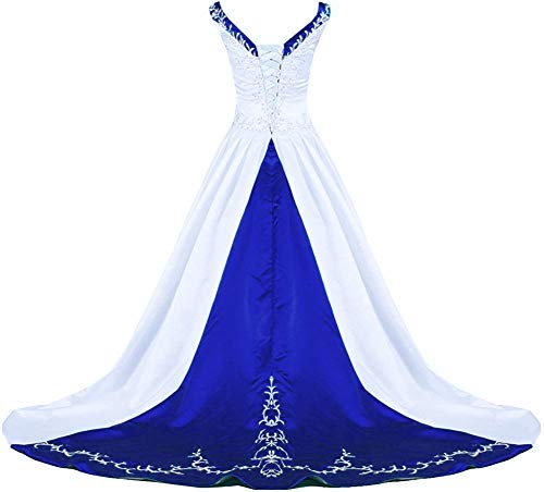 Zorayi Damen V-Ausschnitt Kapelle-Schleppe Perlen Stickerei Satin Hochzeitskleid Brautkleider Weiß & Blau Größe 42 von Zorayi