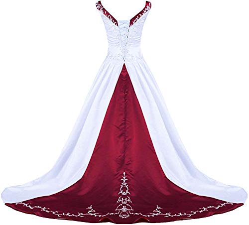Zorayi Damen V-Ausschnitt Kapelle-Schleppe Perlen Stickerei Satin Hochzeitskleid Brautkleider Weiß & Burgund Größe 40 von Zorayi