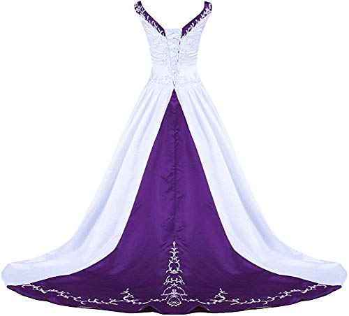 Zorayi Damen V-Ausschnitt Kapelle-Schleppe Perlen Stickerei Satin Hochzeitskleid Brautkleider Weiß & Lila Größe 44 von Zorayi