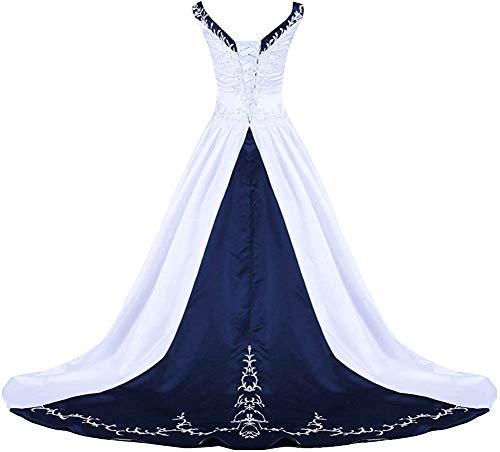 Zorayi Damen V-Ausschnitt Kapelle-Schleppe Perlen Stickerei Satin Hochzeitskleid Brautkleider Weiß & Marineblau Größe 42 von Zorayi