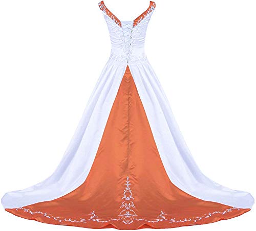 Zorayi Damen V-Ausschnitt Kapelle-Schleppe Perlen Stickerei Satin Hochzeitskleid Brautkleider Weiß & Orange Größe 36 von Zorayi