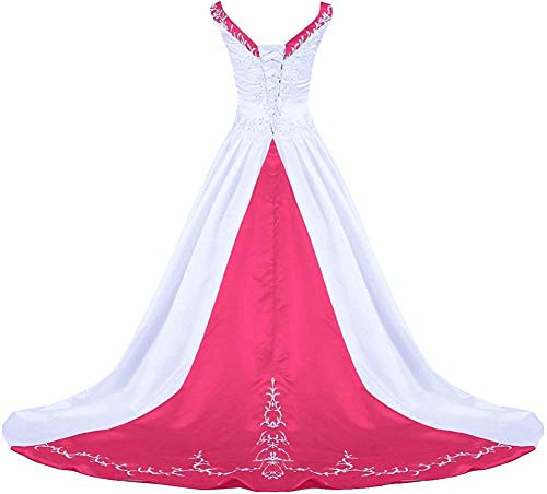 Zorayi Damen V-Ausschnitt Kapelle-Schleppe Perlen Stickerei Satin Hochzeitskleid Brautkleider Weiß & Rose Größe 54 von Zorayi