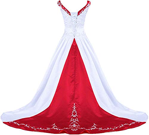 Zorayi Damen V-Ausschnitt Kapelle-Schleppe Perlen Stickerei Satin Hochzeitskleid Brautkleider Weiß & Rot Größe 46 von Zorayi