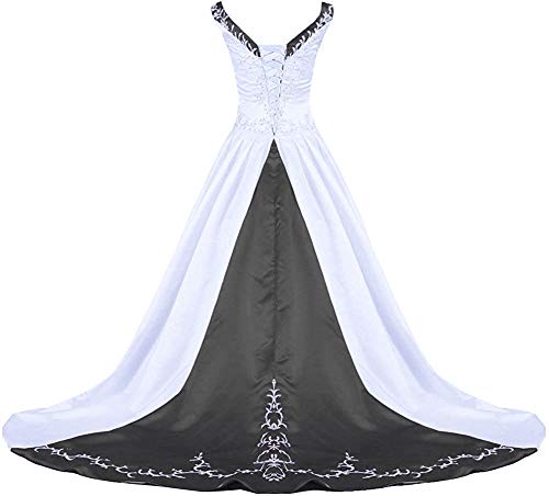 Zorayi Damen V-Ausschnitt Kapelle-Schleppe Perlen Stickerei Satin Hochzeitskleid Brautkleider Weiß & Schwarz Größe 44 von Zorayi