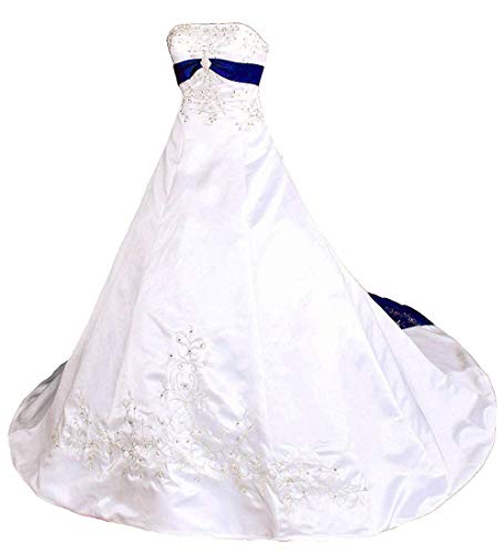 Zorayi Damen Vintage A-Linie Satin Stickerei Brautkleid Hochzeitskleider Elfenbein & Blau Größe 38 von Zorayi