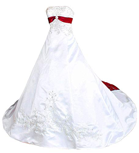 Zorayi Damen Vintage A-Linie Satin Stickerei Brautkleid Hochzeitskleider Weiß & Rot Größe 46 von Zorayi