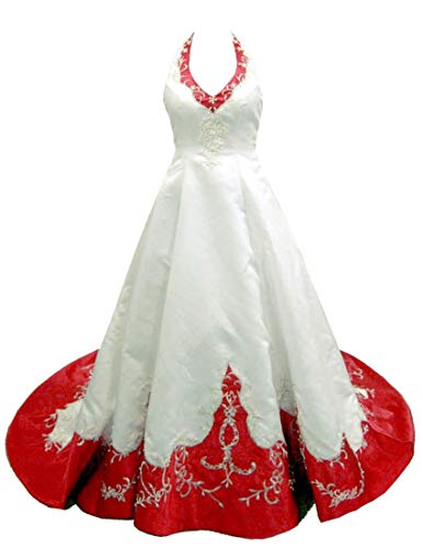 Zorayi Damen Vintage Halfter Stickerei Satin Hochzeitskleid Brautkleider Elfenbein & Rot Größe 40 von Zorayi