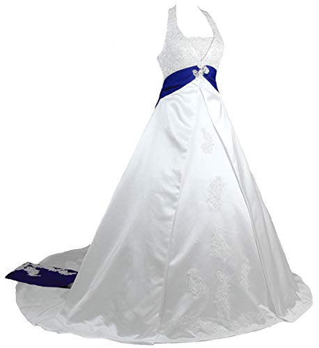 Zorayi Damen Vintage Neckholder Satin Farbband Schnürung Brautkleider Hochzeitskleider Weiß & Blau Größe 38 von Zorayi