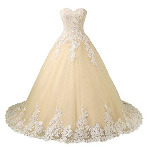 Zorayi Damen Vintage Spitze Gericht Zug Ballkleid Brautkleider Lange Tüll Abendkleid Abschlussballkleider Champagner Größe 48 von Zorayi
