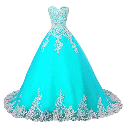 Zorayi Damen Vintage Spitze Gericht Zug Ballkleid Brautkleider Lange Tüll Abendkleid Abschlussballkleider Türkis Größe 54 von Zorayi