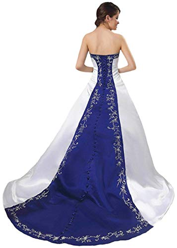 Zorayi Damen Vintage Trägerlos Perlen Stickerei Satin Hochzeitskleid Brautkleider Weiß & Blau Größe 44 von Zorayi