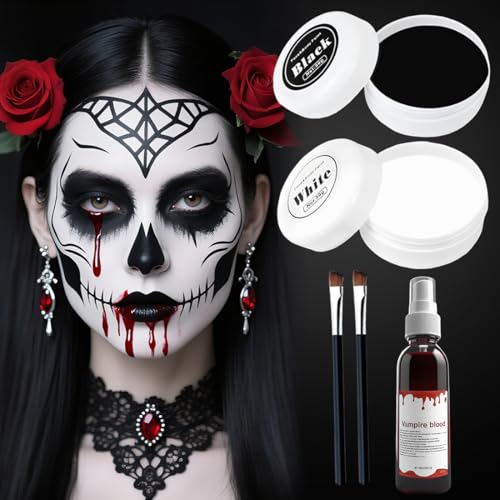 Halloween Schminke Schwarz Weiß – Faschingsschminke Schwarz Weiß Make Up mit Kunstblut, Hautfreundlich & Leicht Abwaschbar für Theaterschminke, SFX Schminke Halloween Set für Kinder & Erwachsene von Zorvayne