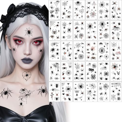Halloween Spinnen Tattoo Set [30 Blatt], Wasserfeste 3D Realistisch Temporäre Schädel Spinnentattoos für den ultimativen Grusel-Look für Kinder & Erwachsene Karneval & Party Schminke von Zorvayne