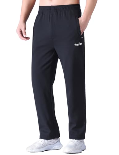 Zoulee Herren Sporthose mit offenem Bund, Sweatpants Hose, Reißverschluss vorne - Schwarz - Groß von Zoulee
