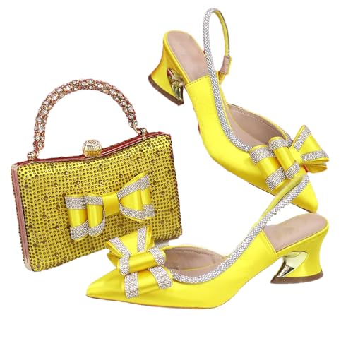 Damen Mittelhoher Absatz Spitze Schuhe und Tasche Set - Ausgehöhlte Stickerei mit Strassverzierung, gelb, 42 EU Damen Mittelhoher Absatz Spitze Schuhe und Tasche Set - Ausgehöhlte Stickerei mit Strassverzierung, gelb, 42 EU von ZouoYYii