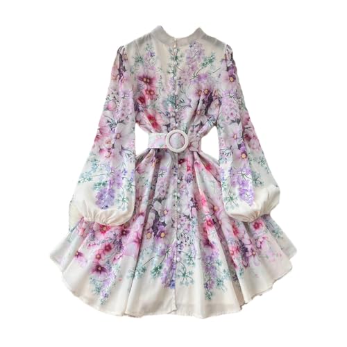 Damen Retro Druck Elegantes Kleid A-Linie V-Ausschnitt Laternenärmel Urlaub Party Damen Frühling Sommer Kleider von ZouoYYii